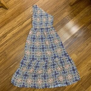 Knox Rose Maxi Dress Women XS One Shoulder Smocked Tile Print Casual Tiered Long
